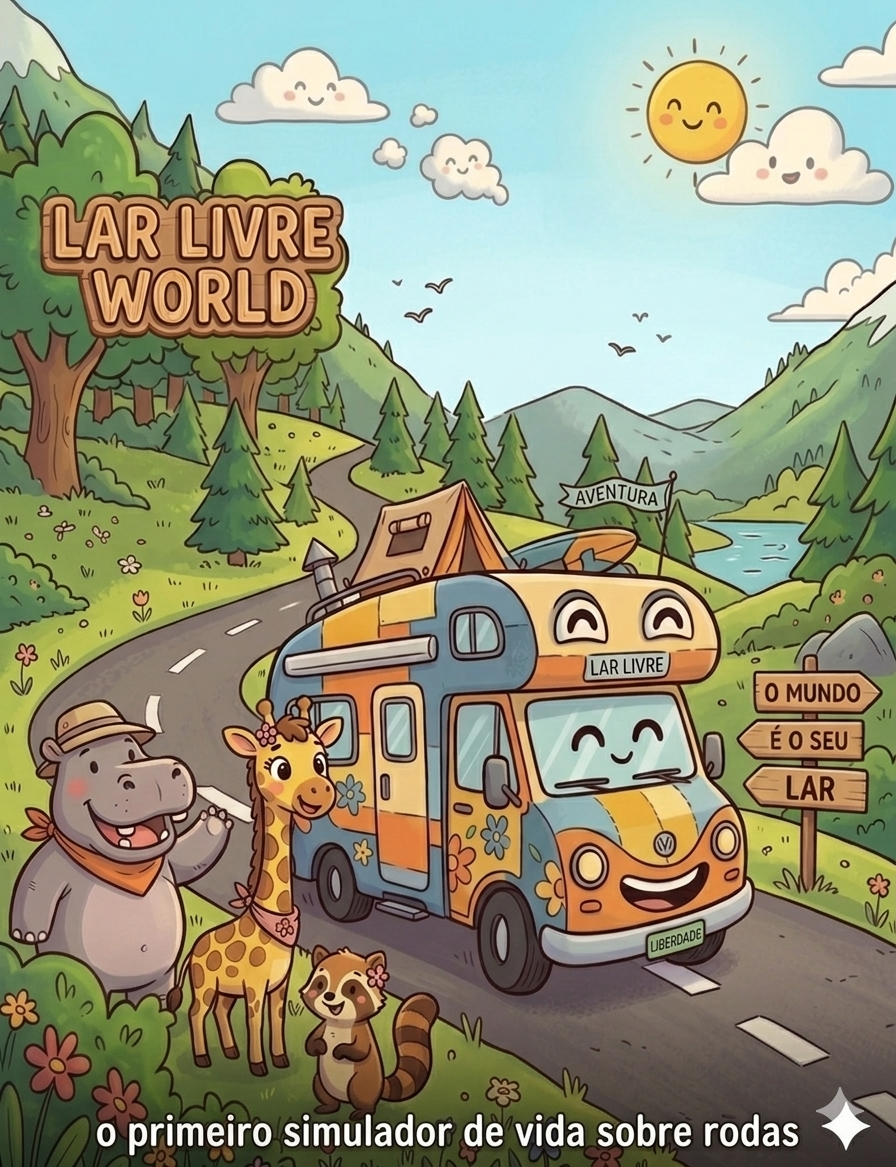 Arte do jogo Lar Livre World — camper colorido na estrada com animais e natureza